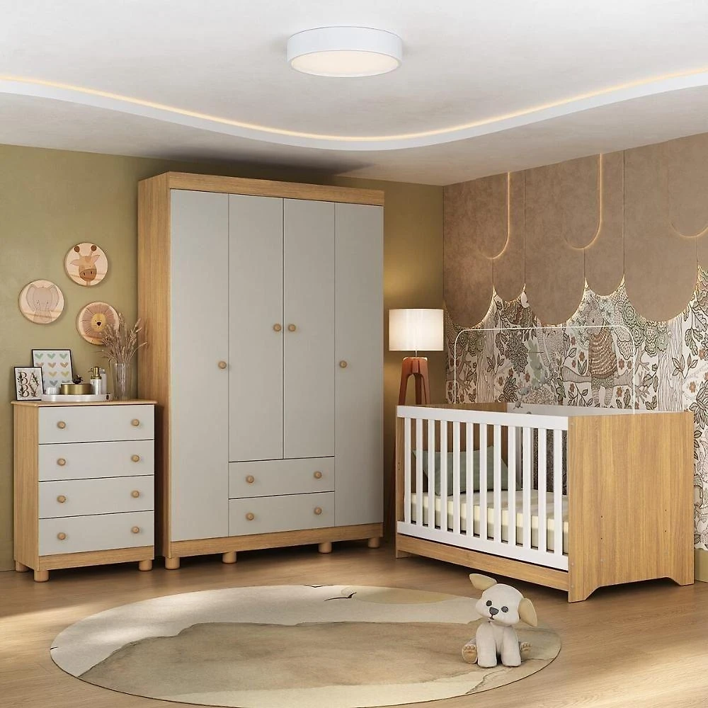 Quarto De Bebê Completo Com Berço Americano 3 Em 1 Allegra Multimóveis MP4586 Madeirado-off White