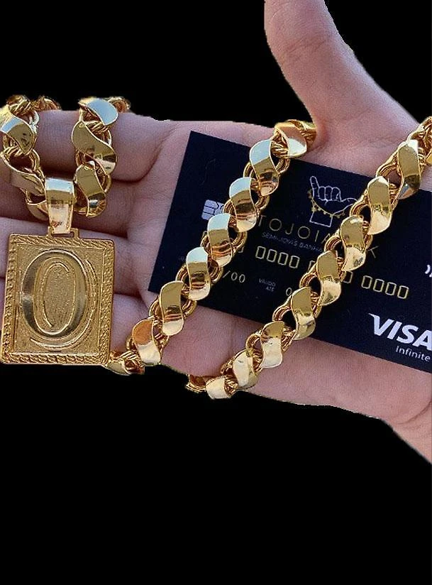 Miniatura Cordão Friso S 13Mm + Pingente Letra - Banhado A Ouro 18K