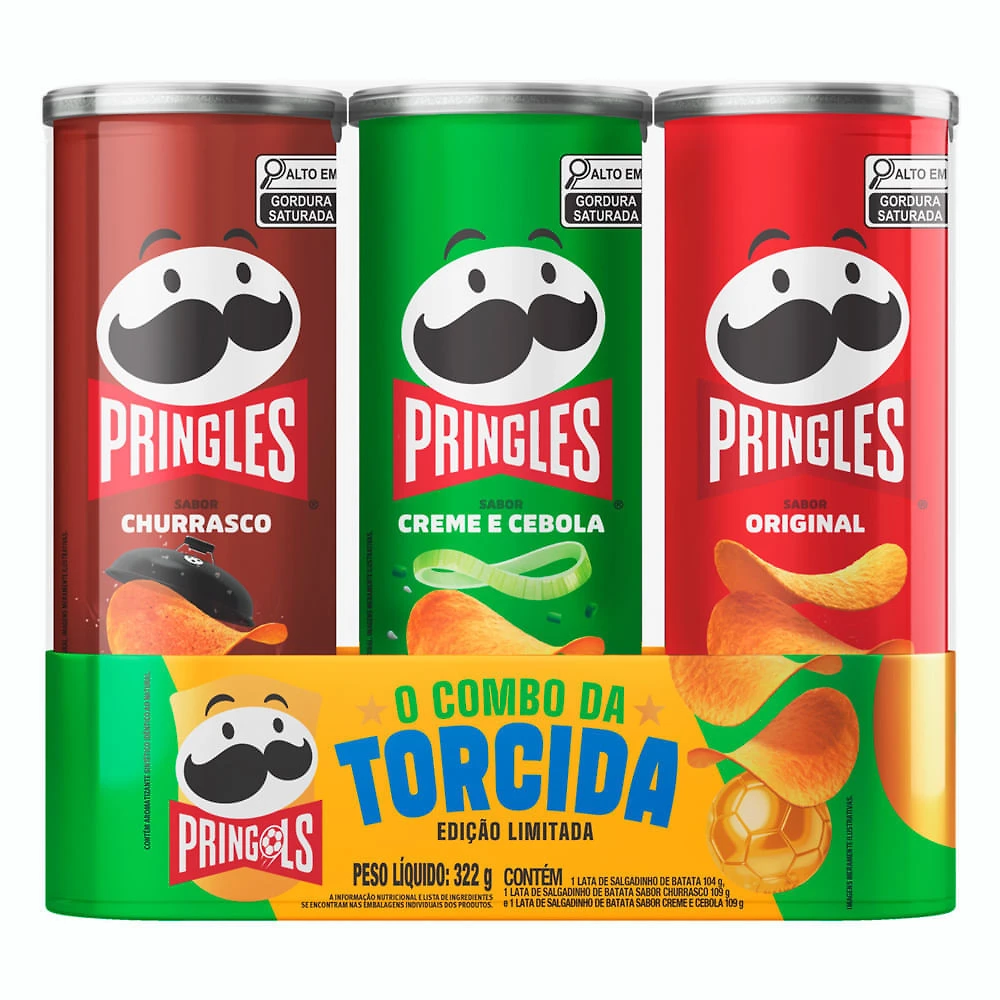 Kit Batata Pringles Combo da Torcida Pringols Sabores Churrasco Creme e Cebola Original 322g