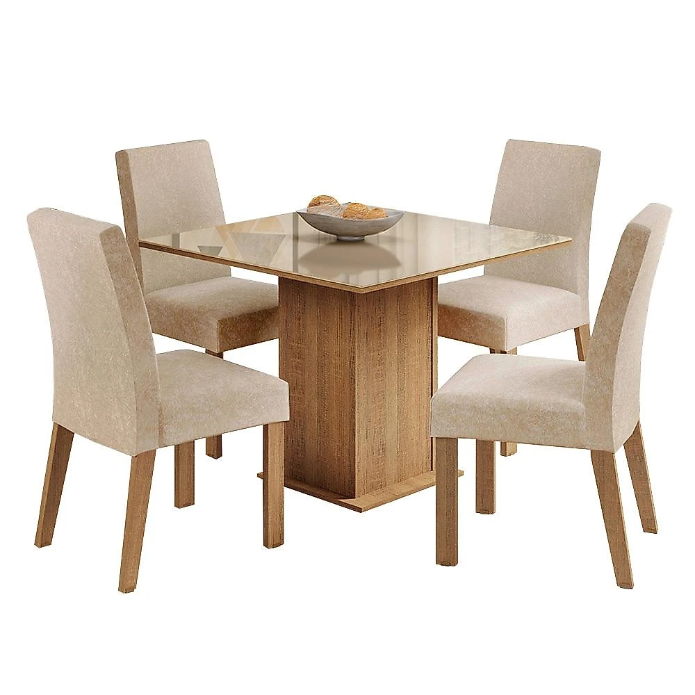 Miniatura Conjunto Sala de Jantar Madesa Evelin Mesa Tampo de Vidro com 4 Cadeiras Rustic/Crema/Imperial