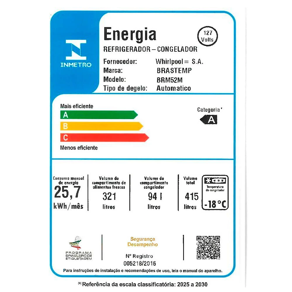 Refrigerador de 02 Portas Brastemp Frost Free 415 Litros Classe A Inox com Safe Power e Smart Cold - BRM52MKANA 110