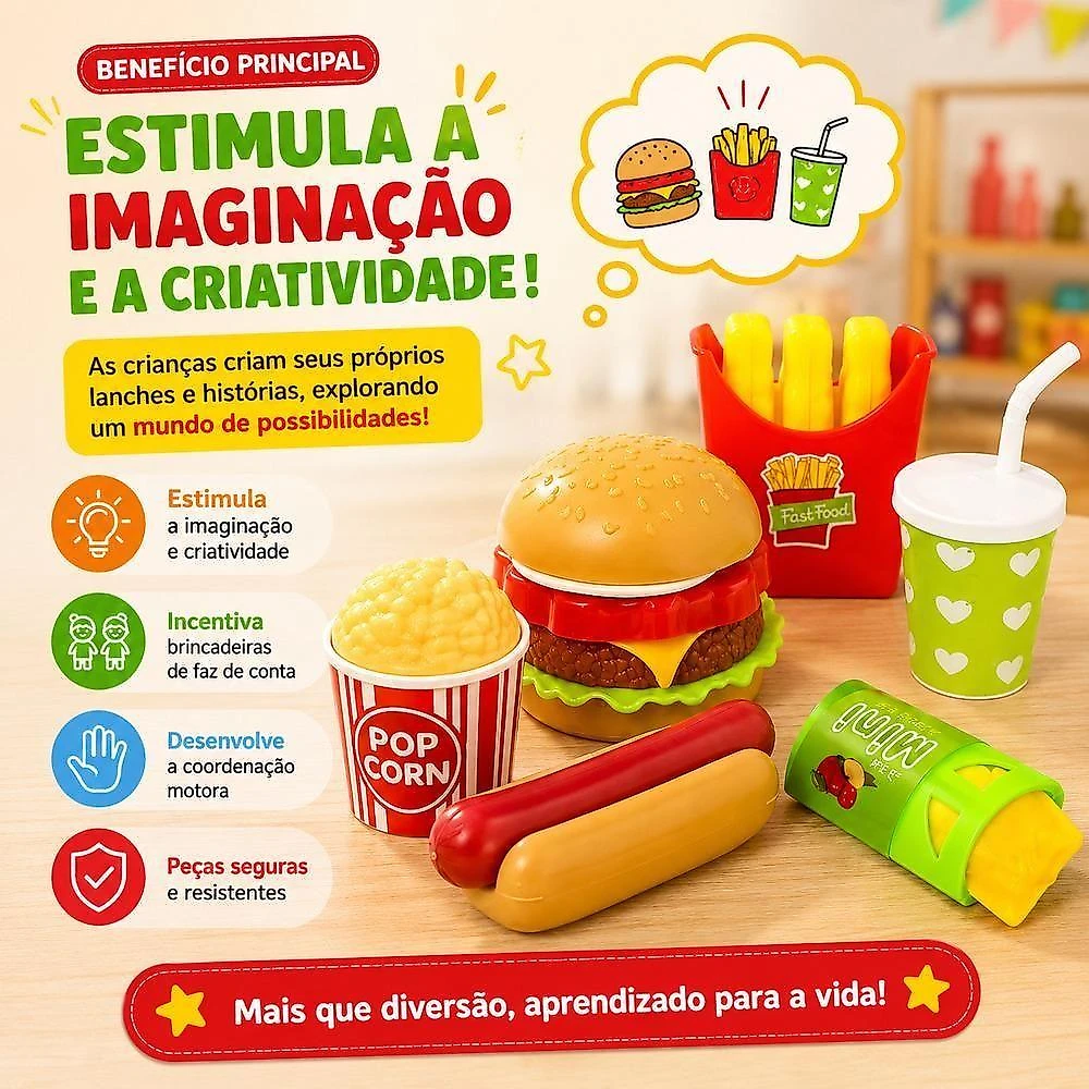 Kit Cozinha Infantil Fast Food com Hambúrguer Batata Suco Yeet
