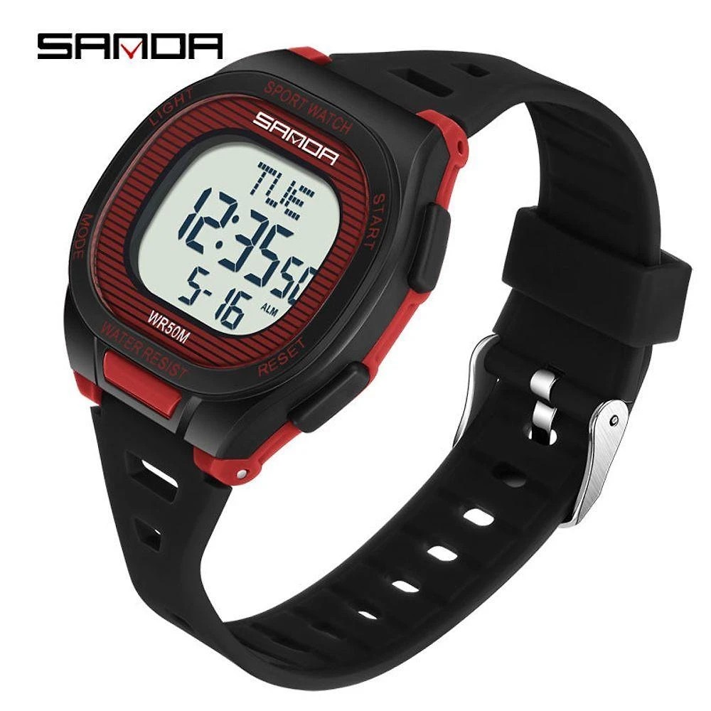 Relógio Eletrônico Multifuncional Digital Sanda em Silicone com Alarme Vermelho