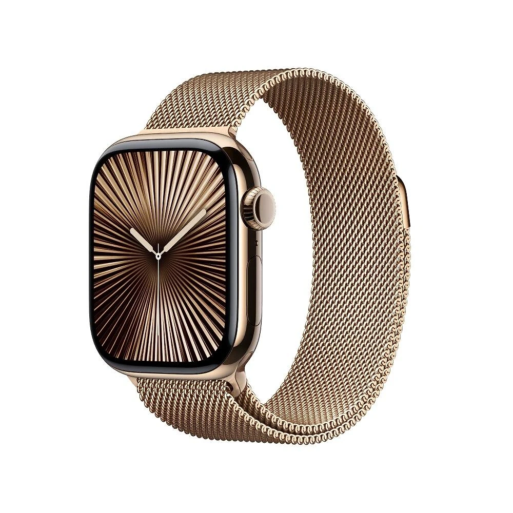 Apple Watch Series 10 GPS + Cellular • Caixa dourada de titânio – 42 mm • Pulseira dourada estilo milanês