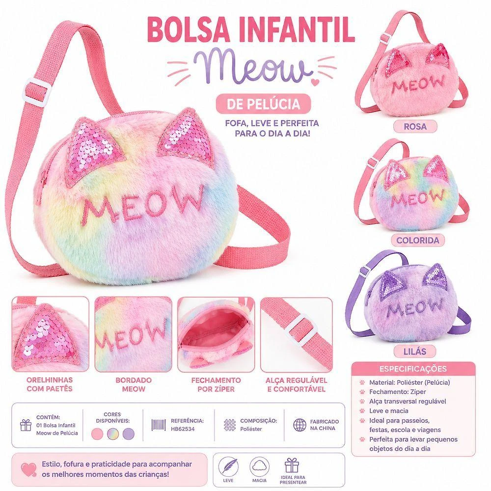 Bolsa Infantil Transversal Meow HB62534 Pelúcia 100% Poliéster Único Rosa