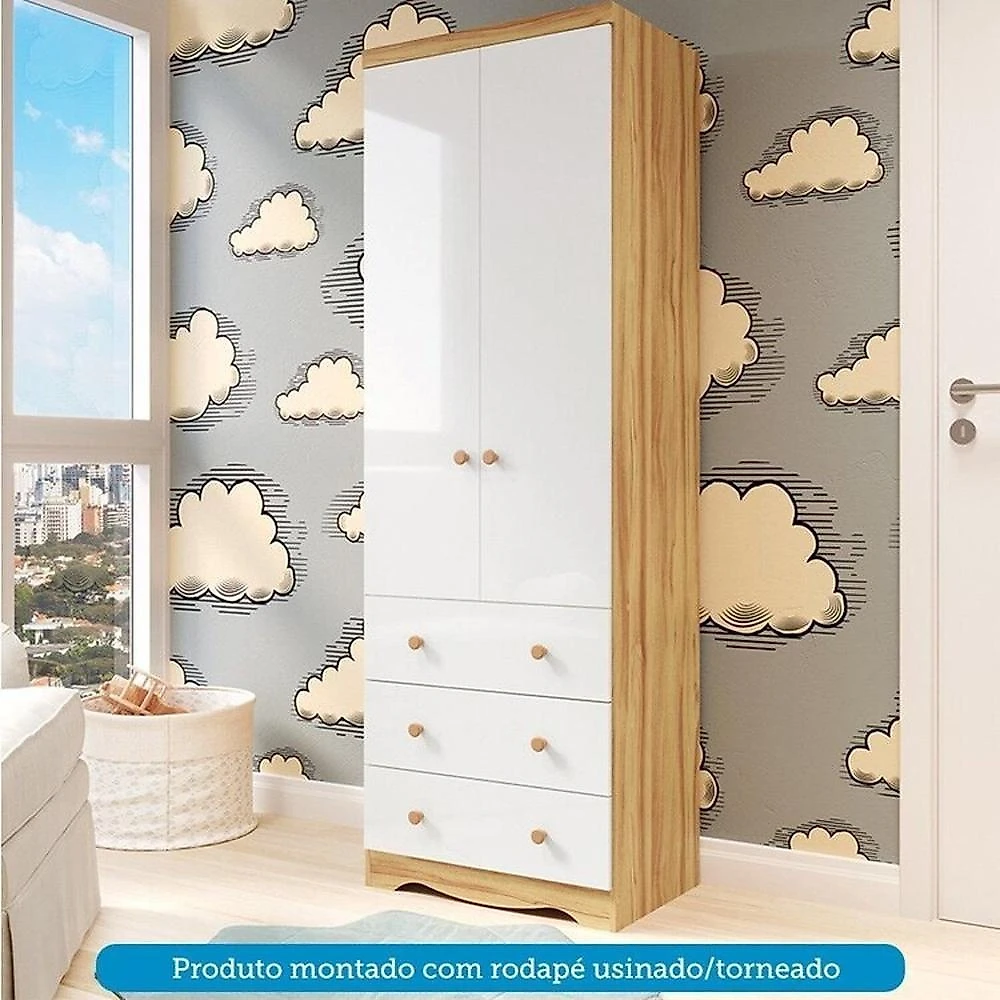Quarto de Bebê com Guarda Roupa 2 Portas e Berço Teka 100% Mdf Espresso Móveis Branco Brilho/Amêndoa