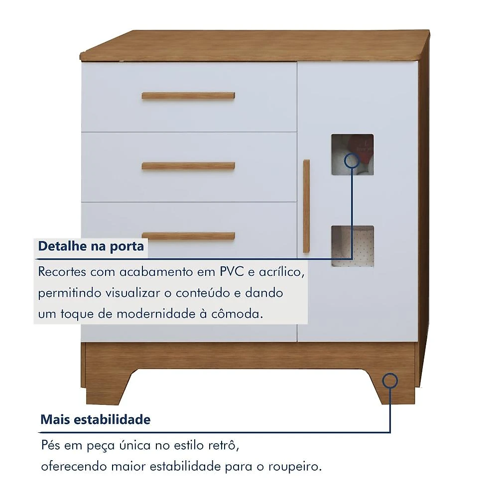 Quarto de Bebê Completo com Cômoda, Berço com Colchão e Guarda Roupas Mila Branco/Amadeirado