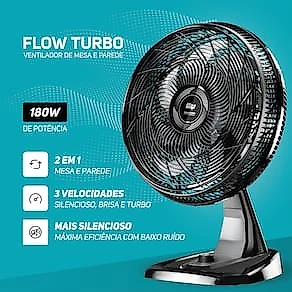 Ventilador de Mesa/Parede Wap Flow Turbo com 8 pás e 3 velocidades 180W - Preto e Cinza 110V