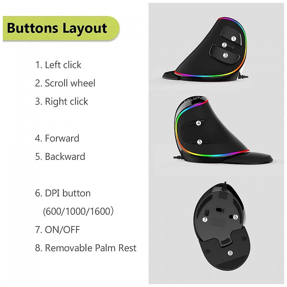Mouse Ergonômico Vertical com Fio Reduz a Tensão do Pulso, 800, 4000 DPI 6 Botões, DELUX M618Plus RGB, Preto
