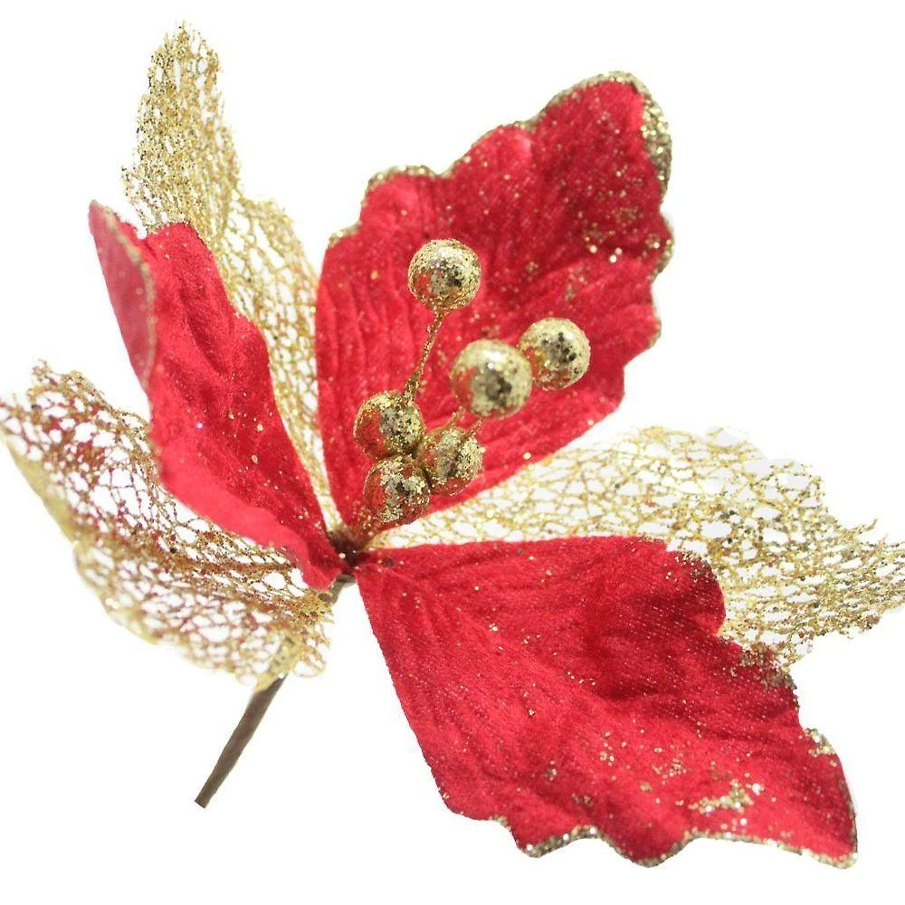 Kit 6 Flores Com Cabo Artificial Decoração De Natal Com Glitter 27cm