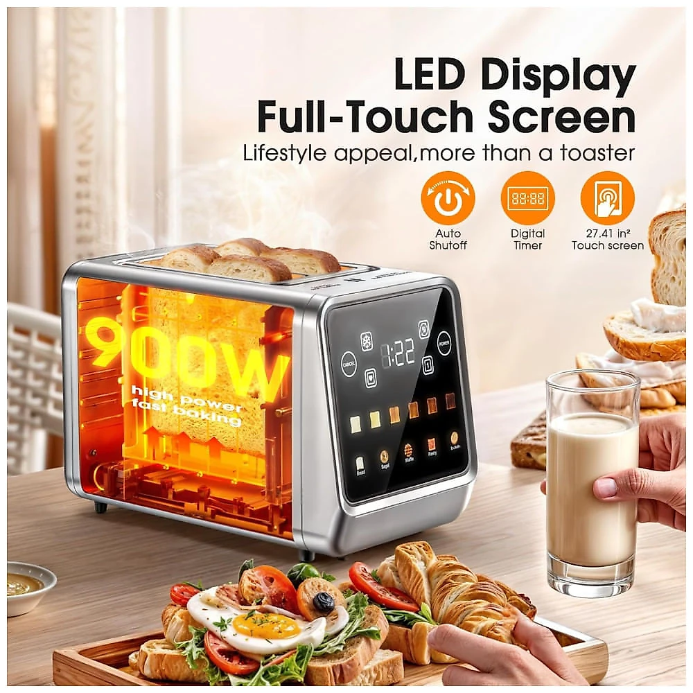 Torradeira Digital de Aço Inoxidável 2 Fatias com Tela Sensível ao Toque e Slot Largo de 3,81 cm - Foyoconven