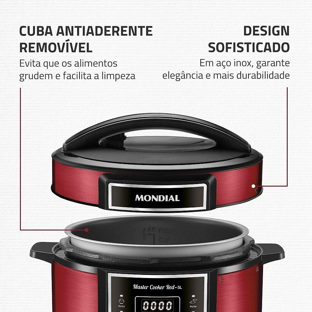 Panela de Pressão Elétrica Digital PE-39 5L 900W com 14 Funções Vermelho 110V