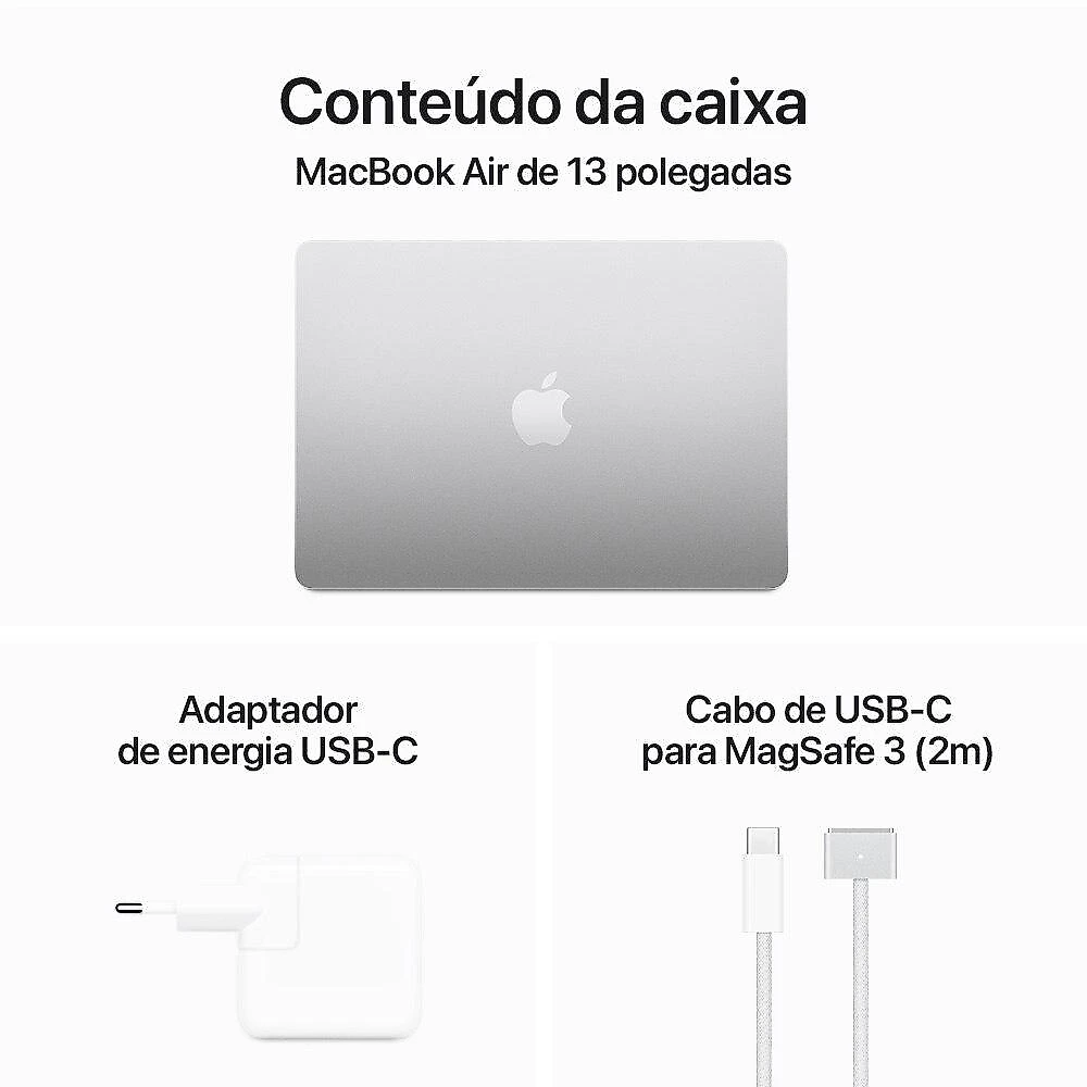 Apple MacBook Air 13", M3, CPU de 8 núcleos, GPU de 8 núcleos, 24GB RAM, 512GB SSD - Prateado