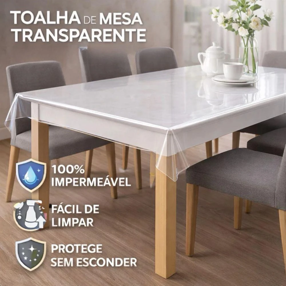 Toalha de Mesa Retangular Impermeável Transparente Pvc 6 Lugares Panos do Lar
