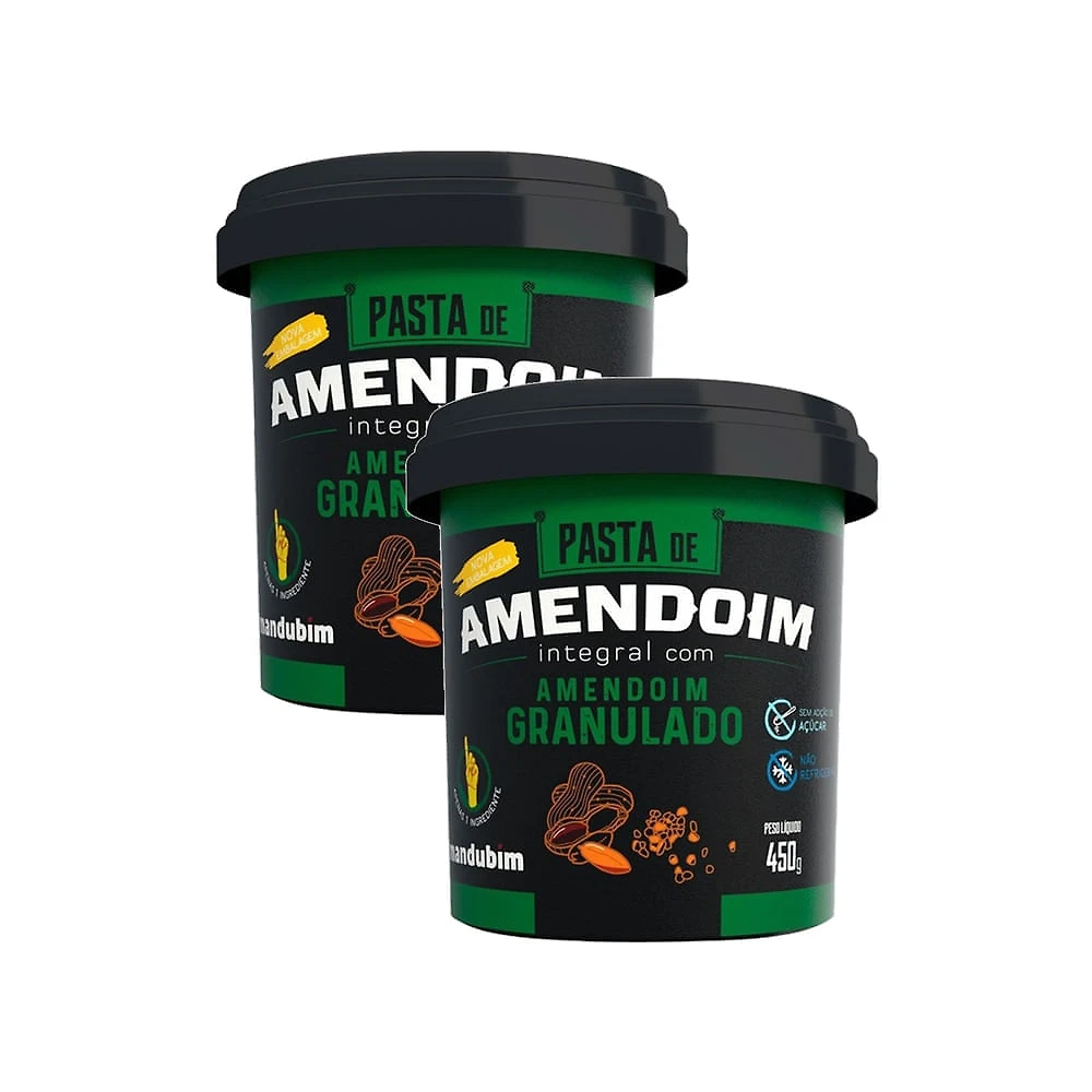 Kit 2 Pasta de Amendoim Integral Mandubim com Amendoim Granulado Sem Açúcar 450g