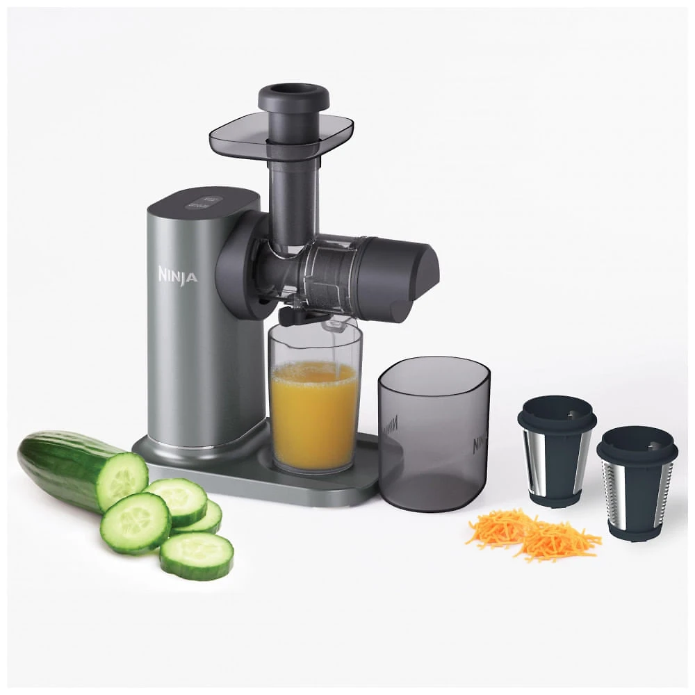 Espremedor Ninja NeverClog JC152 3 em 1 Extrator de Suco, Fatiador e Ralador, Jarra de 950 ml, Carvão