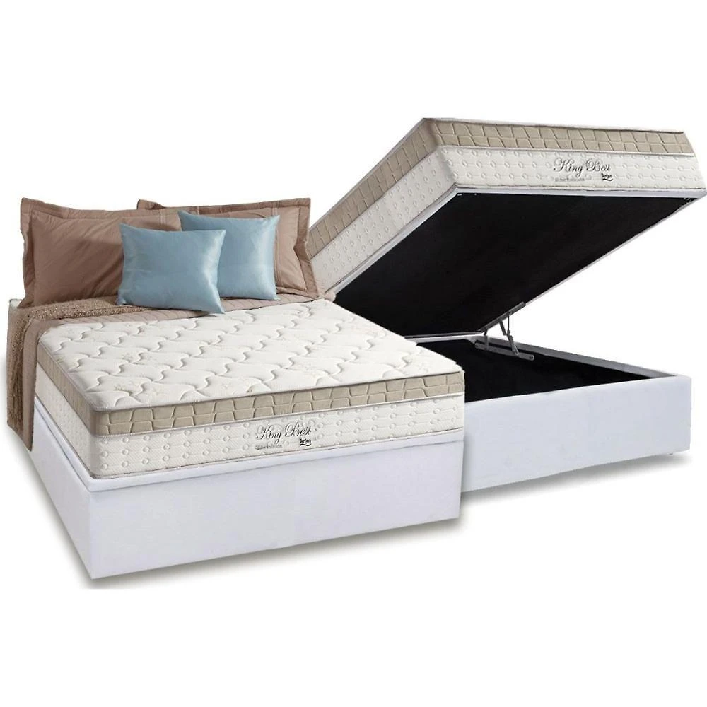 Cama Box com Baú Casal Corano White Euro Pillow Molas Ensacadas Courino Bege Anjos