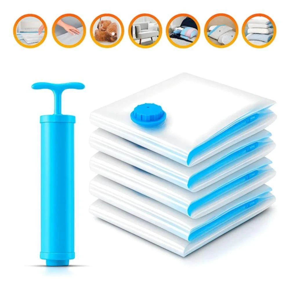 Kit 5 Sacos a Vácuo para Armazenamento com Bomba Manual Organizador de Roupa Edredom Cobertor Viagem