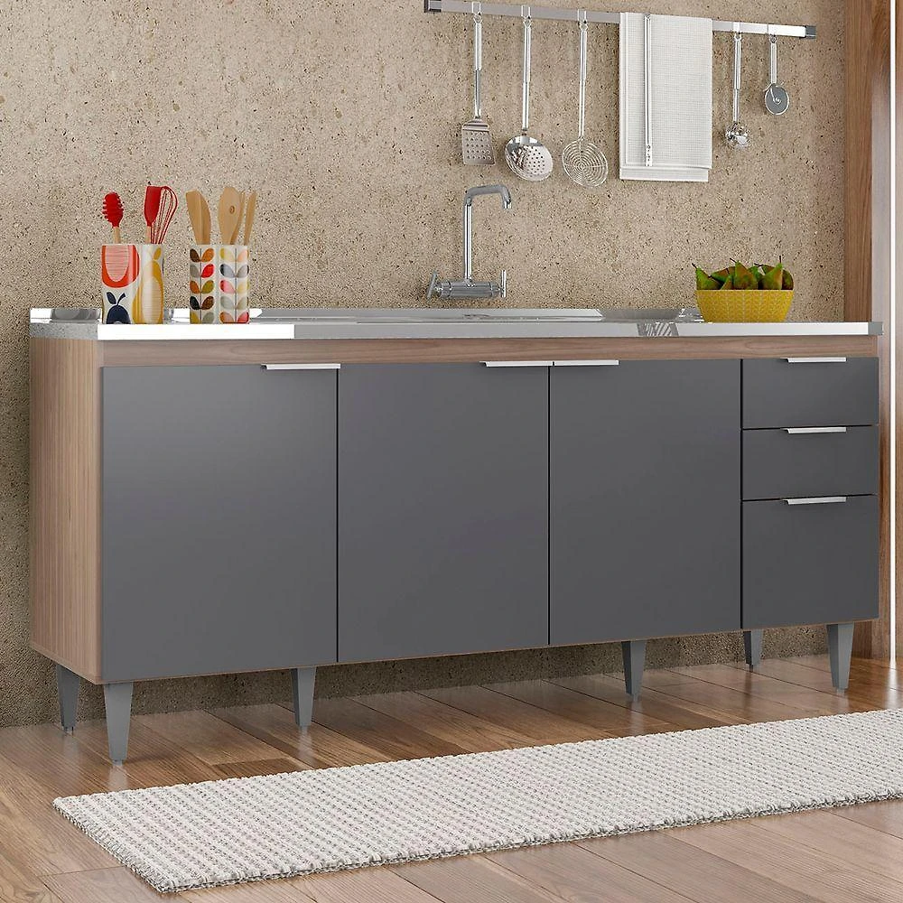 Miniatura Balcão De Cozinha Com Pia Inox 180cm Pérola Z34 Freijó Grafite Mpozenato