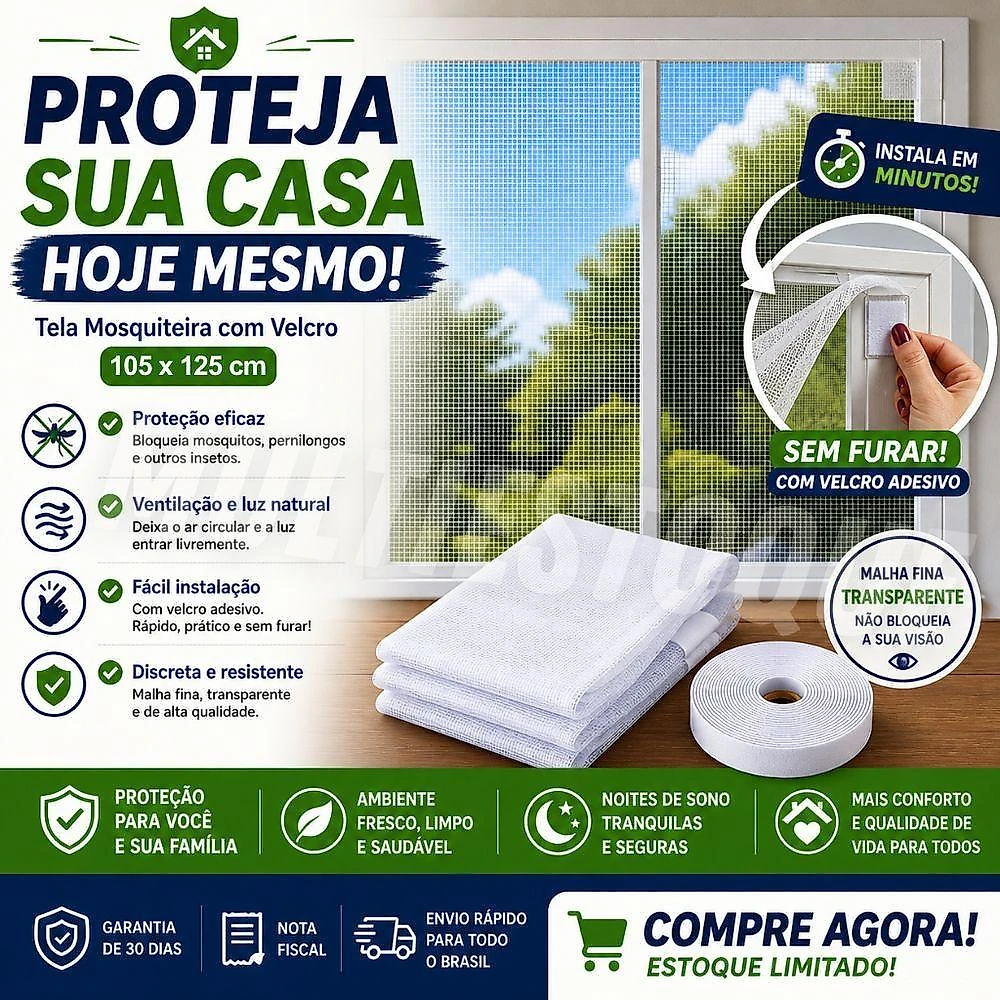 Tela Mosquiteira com Velcro 105x125cm Protecao para Janelas e Portas Vida Pratika