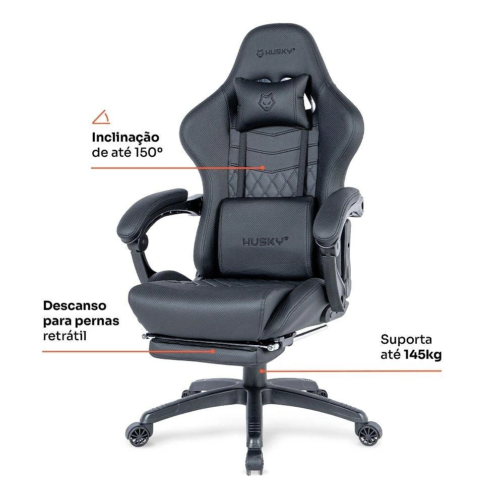 Miniatura Cadeira Gamer Husky Tempest 700, Até 145kg, Almofadas, Reclinável 150º, PU, Descanso para Pés, Preta - HCG700PT