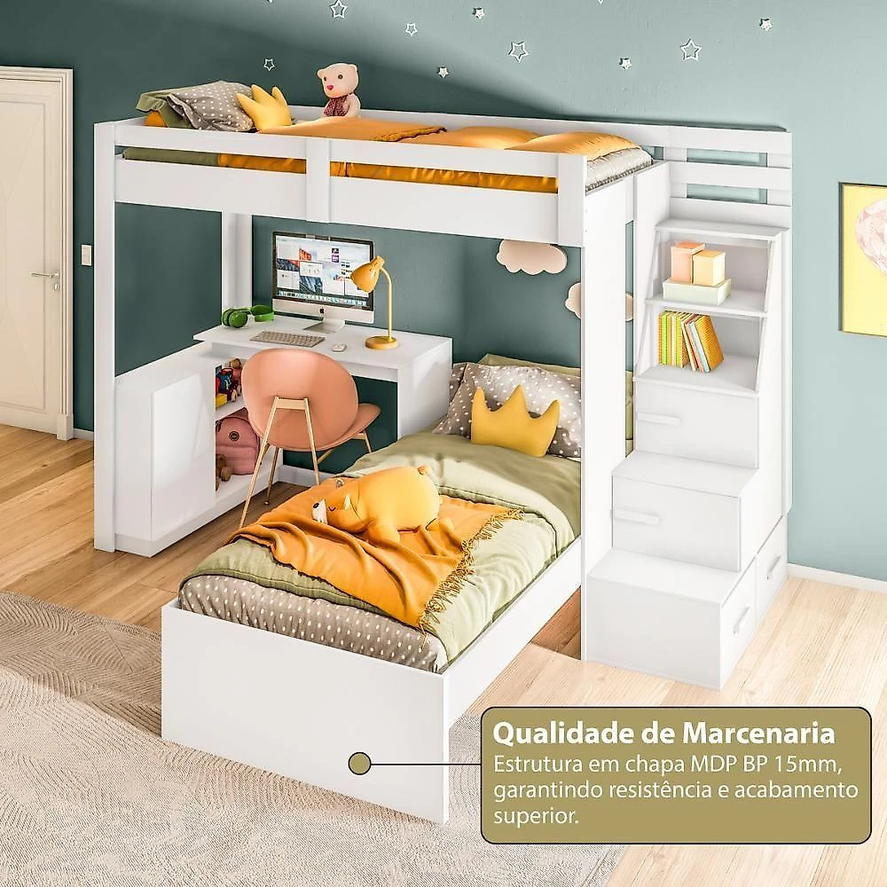 Beliche em l Solteiro com Escrivaninha para Colchão 88x188cm Branco Multimóveis