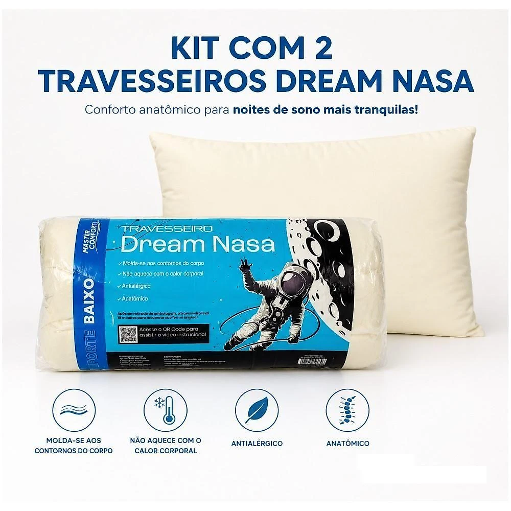 Kit 2 Travesseiros Dream NASA 50x70CM Perfil Baixo 10CM Viscoelástico Antialérgico Yeet