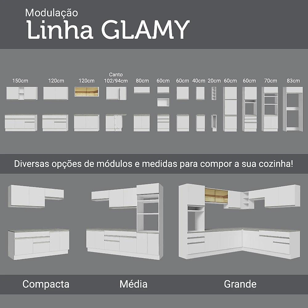 Armário de Cozinha Completa 240cm Branco Glamy Madesa 09 Branco