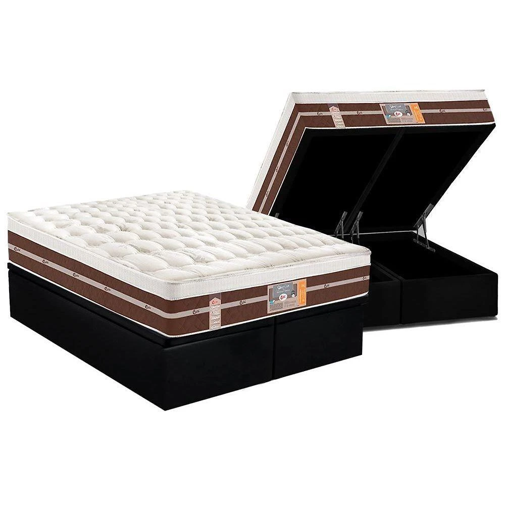 Cama Box Baú King: Colchão Molas Pocket Ensacadas Castor Silver Star Air Híbrido + Base Crc Courano Black (193x203)