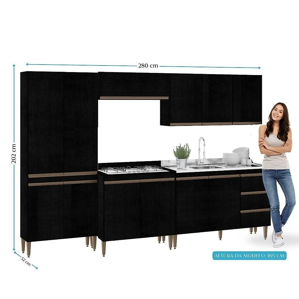 Armário de Cozinha Milão 5 Portas 3 Gavetas MDP-MDF 280CM Preto