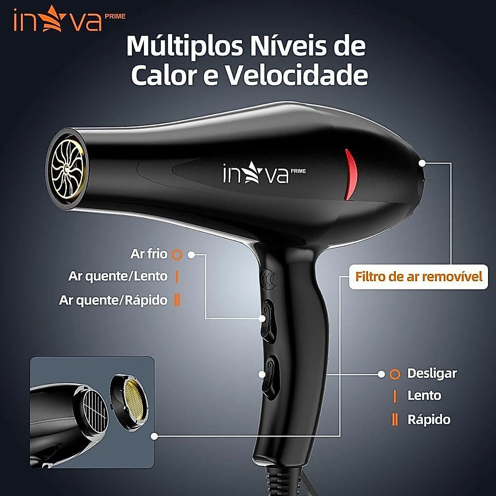 Secador de Cabelo Profissional KV-12696-1 1500W 3 Temperaturas Preto Inova 110V