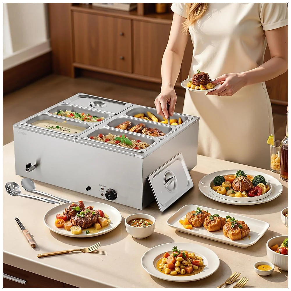 Aquecedor de Alimentos Buffet VEVOR M-1323 6 Cubas Banho-Maria 22,7L Inox 110V