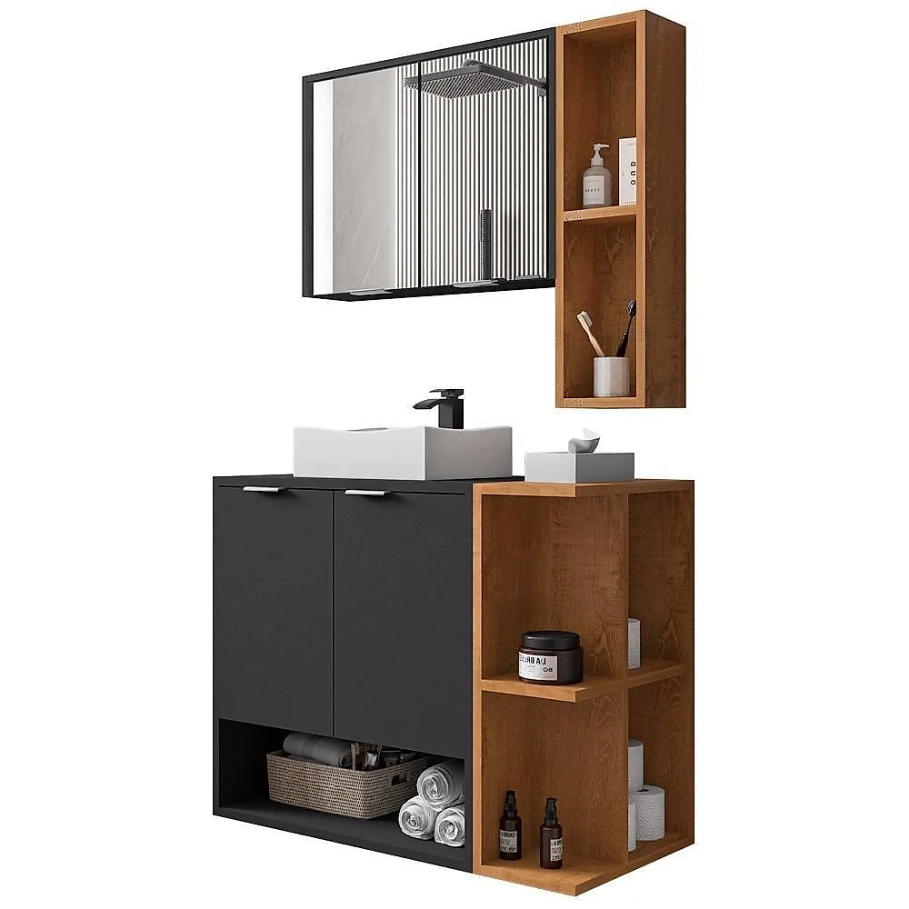 Gabinete Para Banheiro Com Cuba E Espelho Siesta B02 Preto Fosco Naturalle - Lyam Decor
