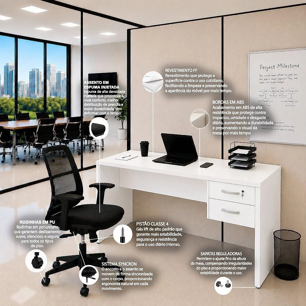 Conjunto Mesa de Escritório 160x60cm com 2 Gavetas + Cadeira Netflex Ergonômica Premium Reclinável