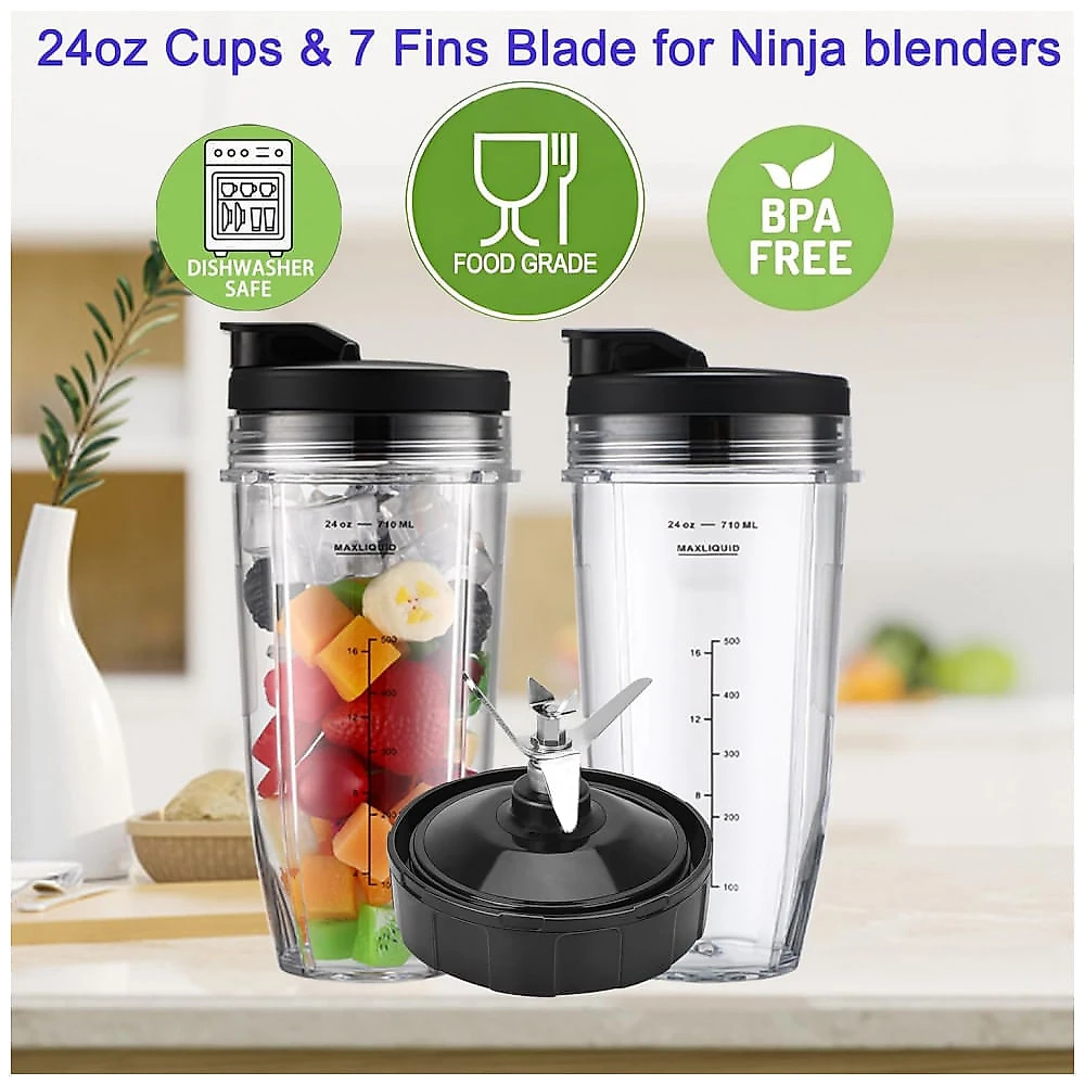 Sonkettek Kit de Copos e Lâminas para Blender Ninja Compatíveis - 2 Copos 710ml com Tampa Sip Seal e Lâmina