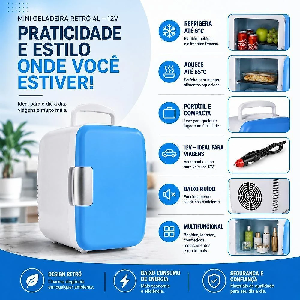 Frigobar Portátil Yeet 4L 2 em 1 Frio e Quente Azul com Branco 12V