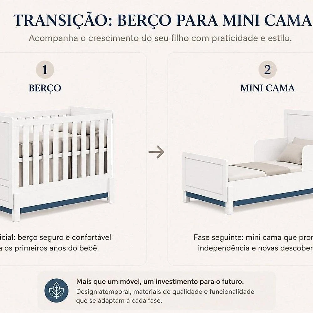 Quarto de Bebê Completo Armário 4PTS , Comoda com Pt e Berço 2 em 1 em MDF Linha Luna Neve/Azul Petroleo