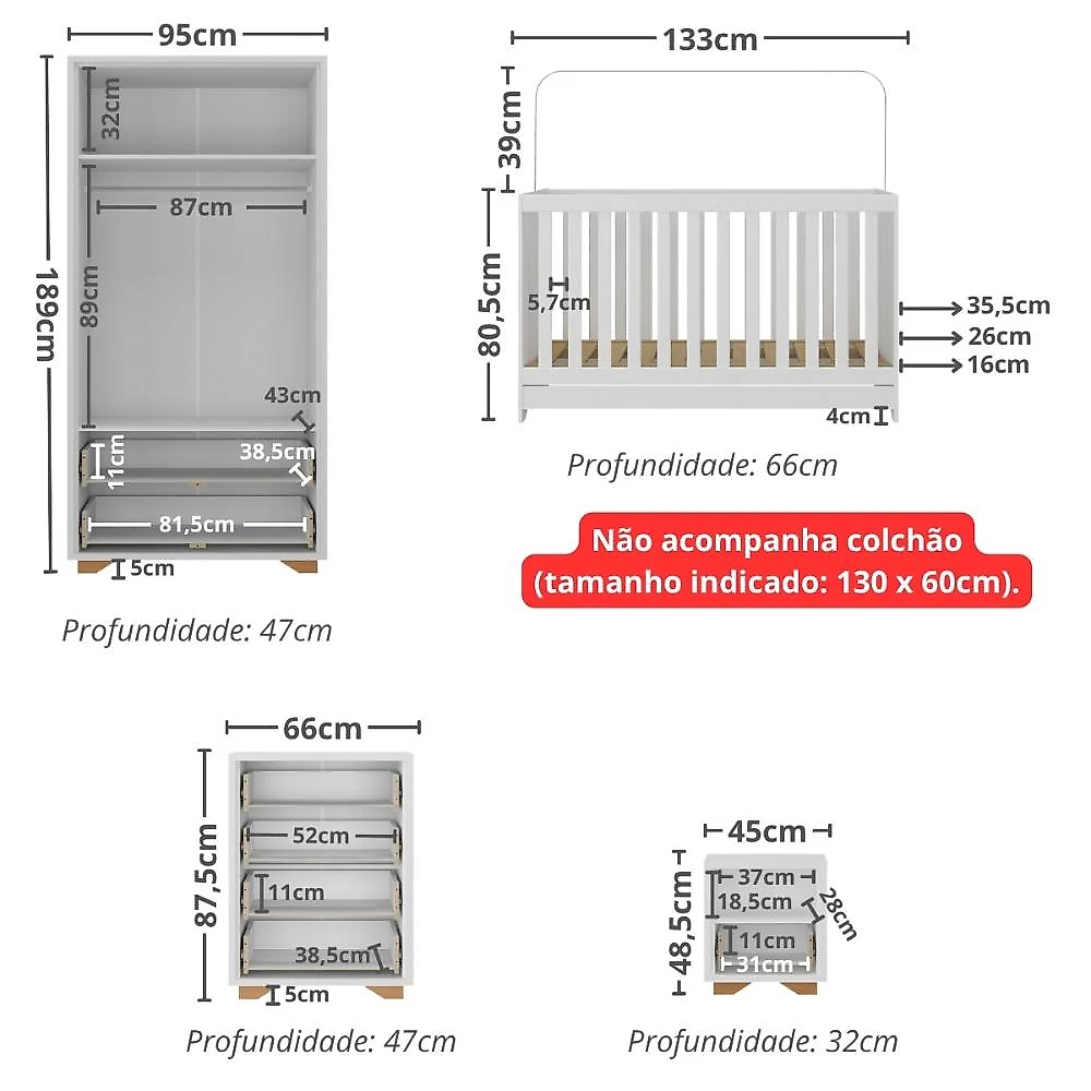 Quarto de Bebê Completo com Berço 3 em 1 para Colchão 130x60cm Multimóveis MP4399 Branco/Natural