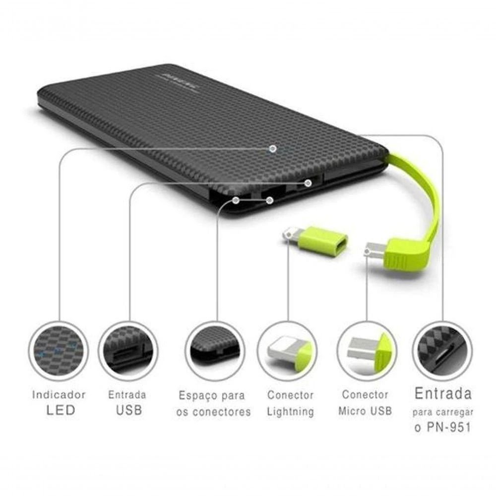 Carregador Portátil Pineng Power Bank 10.000mAh para Recarregar Dispositivos Eletrônicos Preto