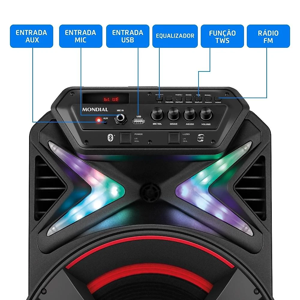 Caixa de som amplificada mondial xsound cm-500-n 500w rms bluetooth rgb bateria bivolt
