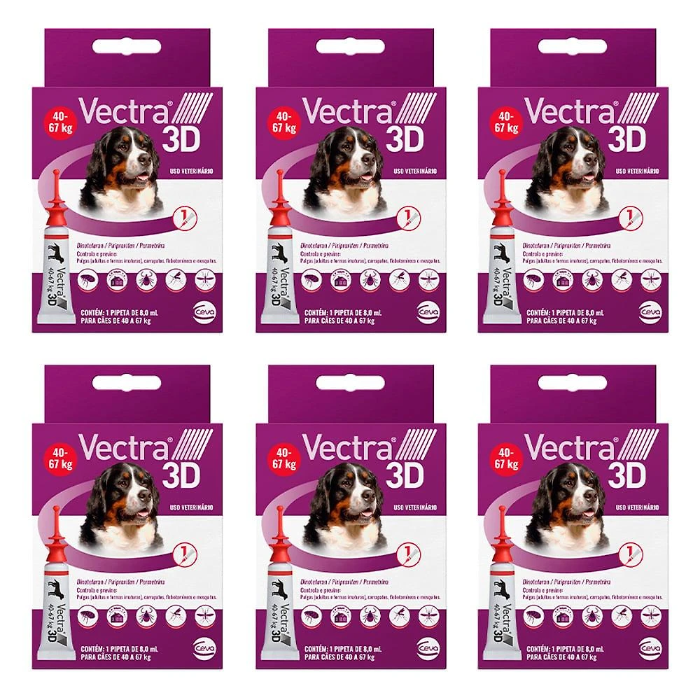 Kit Antipulgas e Carrapatos Ceva Vectra 3D para Cães de 40 a 67 Kg 8 mL - 6 Unidades