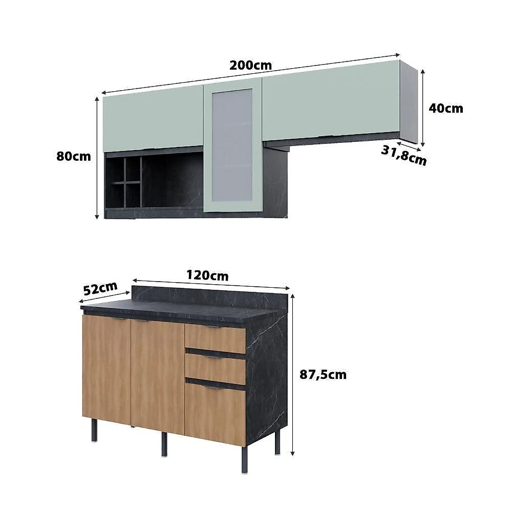 Cozinha Modulada Esmeralda 4 Portas 1 Gaveta MDP 200CM Lunar com Verde Mar e Freijó Tecno Mobili webcontinental-7908212533367