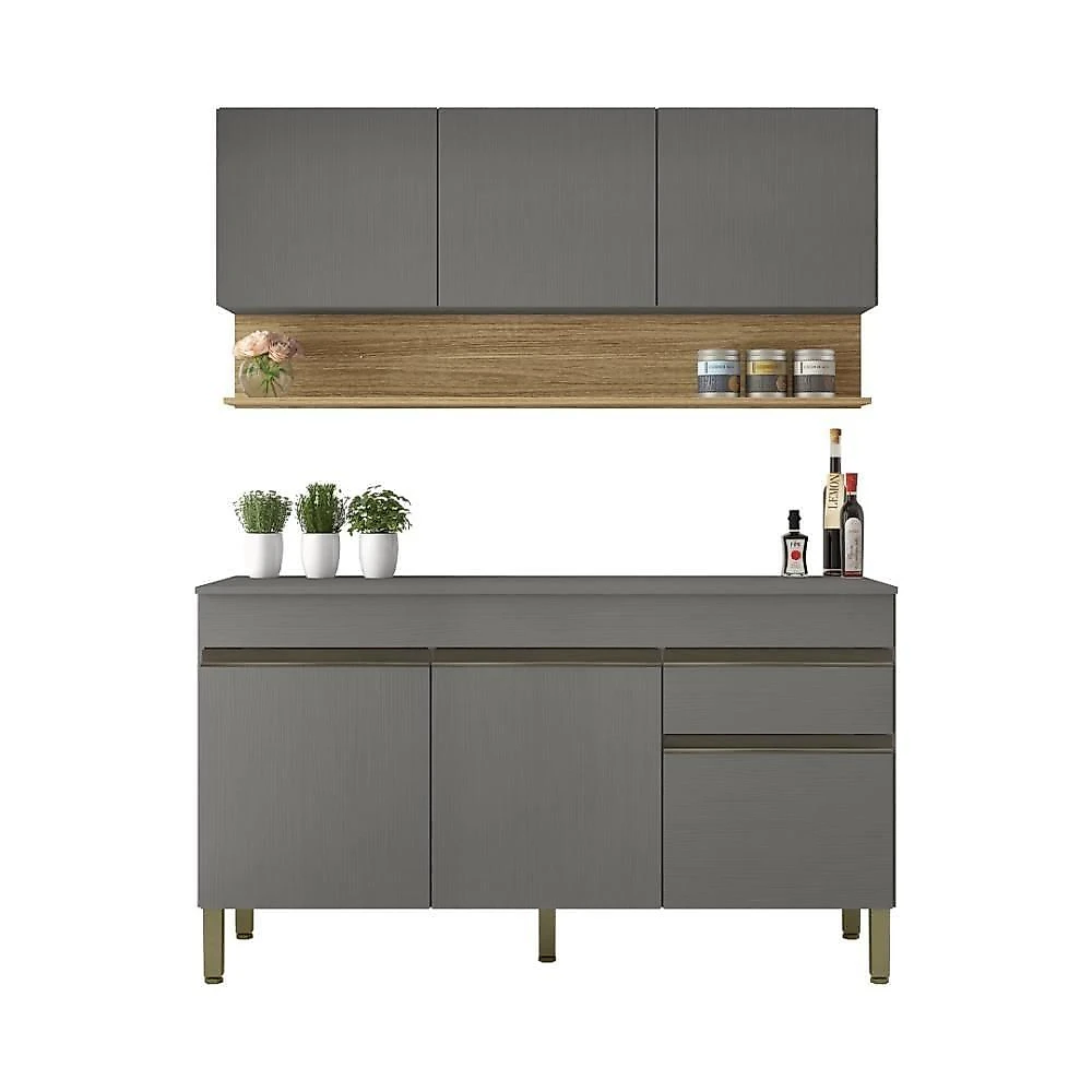 Kit Balcão De Pia Com Tampo E Aereo 150 Cm 6 Portas 1 Gaveta Madrid - Gris/gris/cp-freijó