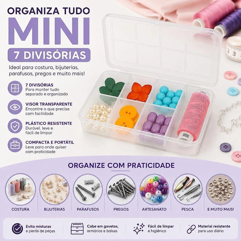 Caixa Organizadora Mini com 7 Divisórias Polipropileno Resistente com Visor Transparente