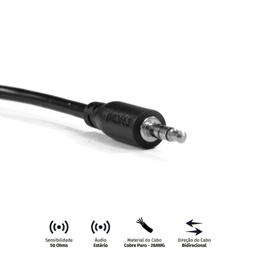 Cabo P2 3.5MM Macho Pcyes P35m-06 para Áudio Estéreo com 60CM AUX 28 AWG e Impedância 50 OHMS