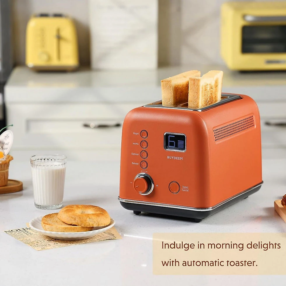 Torradeira Elétrica 2 Fatias com 9 Níveis e Temporizador LCD, BUYDEEM DT730, 110V 800W, Laranja