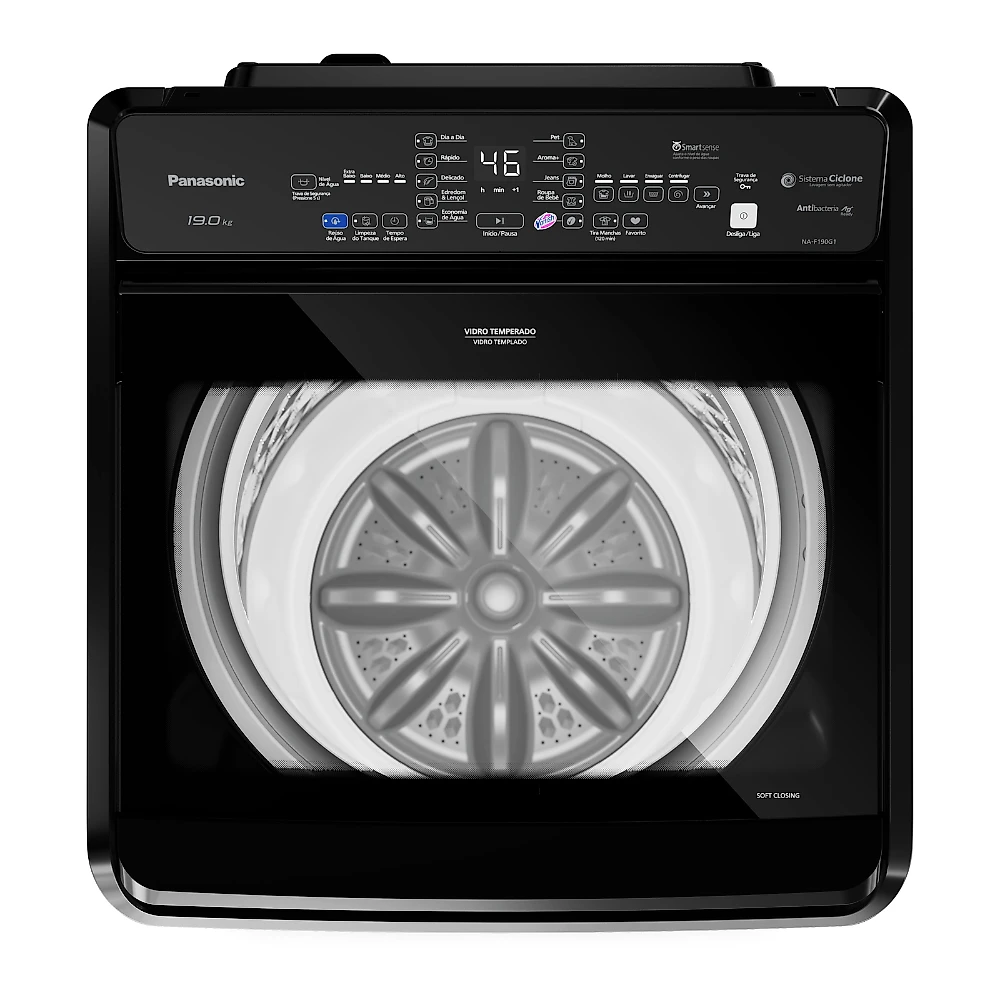 Miniatura Máquina de Lavar Intuitive+ Panasonic Lavagem Eficiente Sistema Ciclone 19 kg Preta - NA-F190G1B 127v