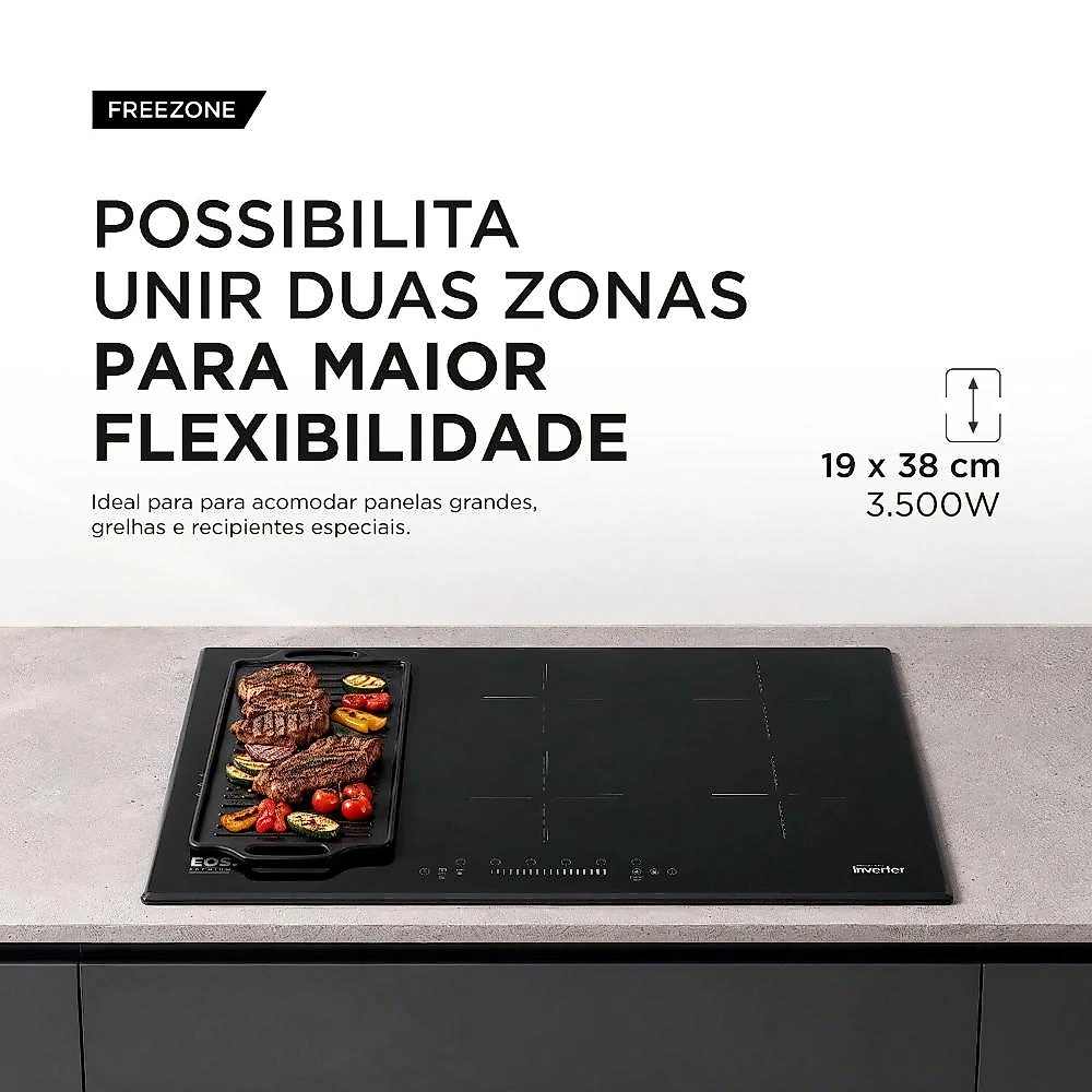 Cooktop de Indução 6 Bocas EOS 90cm Inverter Freezone Preto 10500W ECIP062EPIF 220V