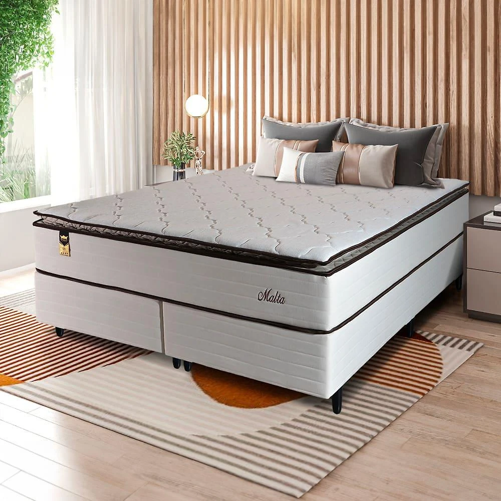 Cama box bipartida king size hellen malta linho com molas ensacadas e espuma d26 66x193x203 cm - bege
