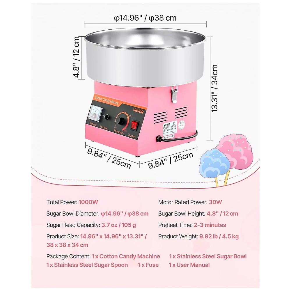 Máquina de Algodão Doce VEVOR 1000W Inox 38 cm Proteção Antiaquecimento Rosa 110V